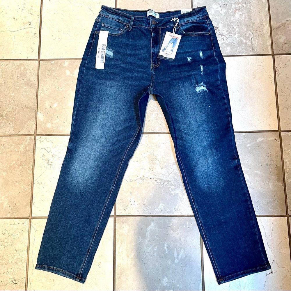 NWT WAX Jean Collection Distressed Slim, Stretch Straight Leg Blue Jeans